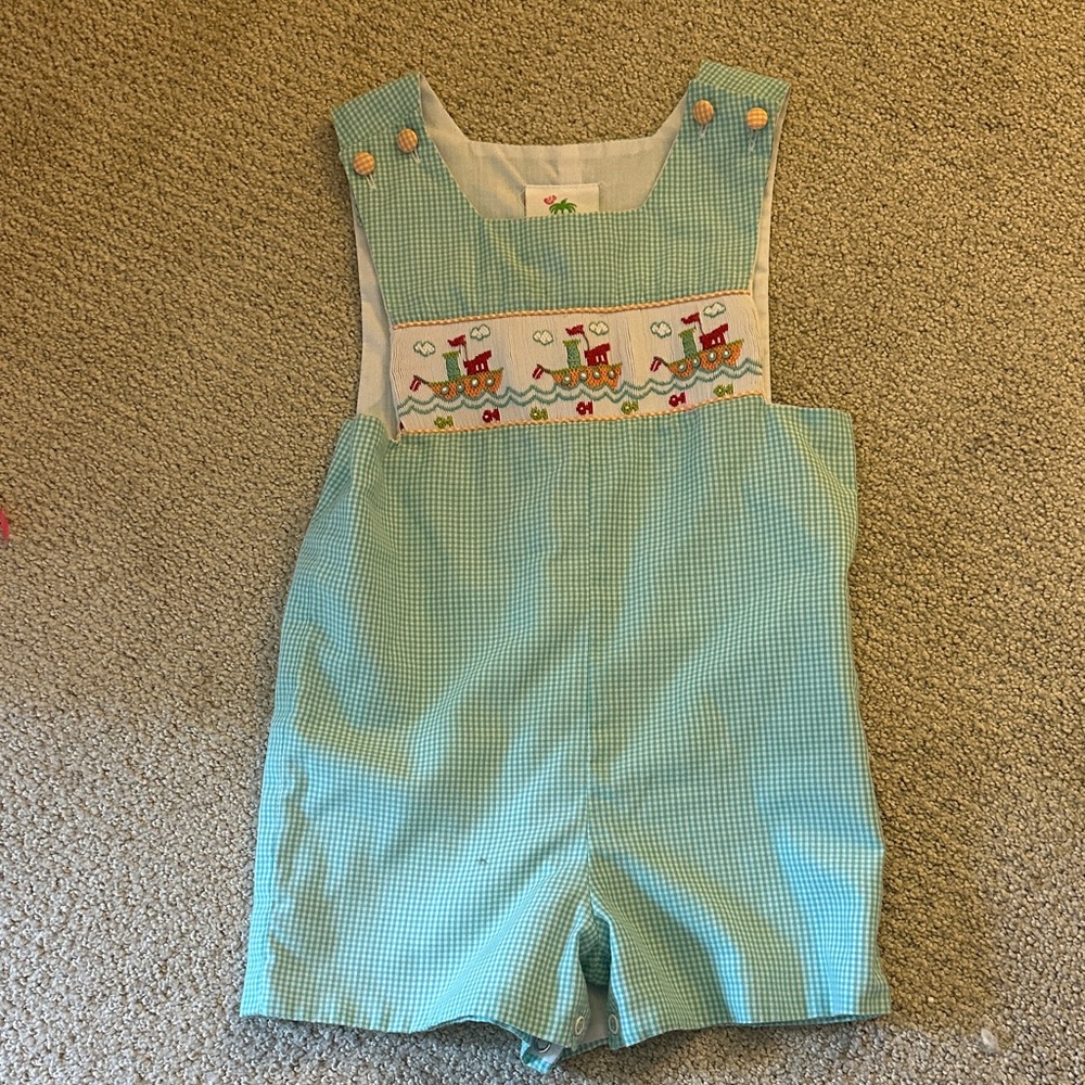 Charming Kids Aqua Overalls with boats; Smocked Shrimp & Grits. 2T